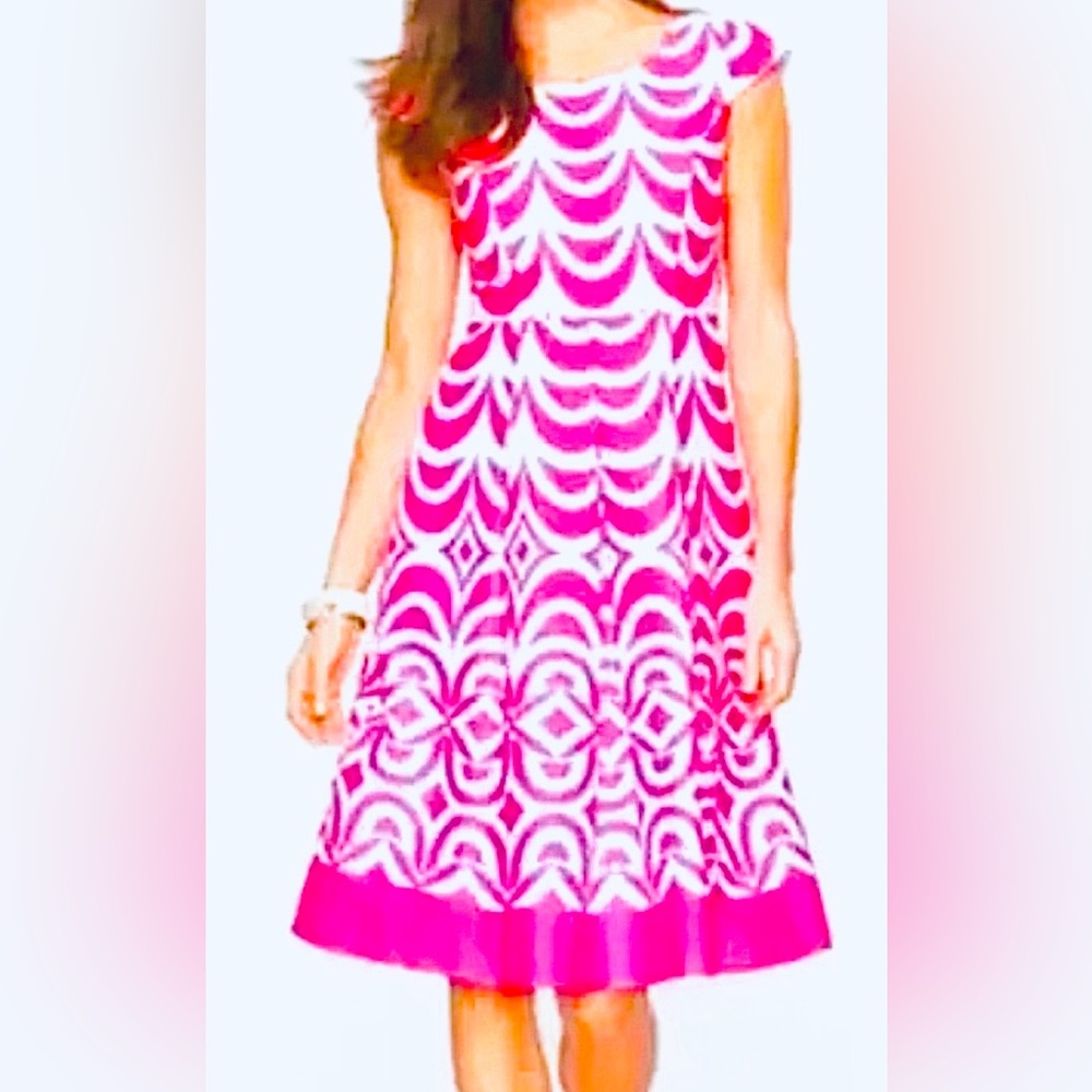 ⭐️HP⭐️TALBOTS DRESS Pink & White Scallop Print-Cap Sleeve- Fit&Flare Fully-lined - Picture 3 of 13